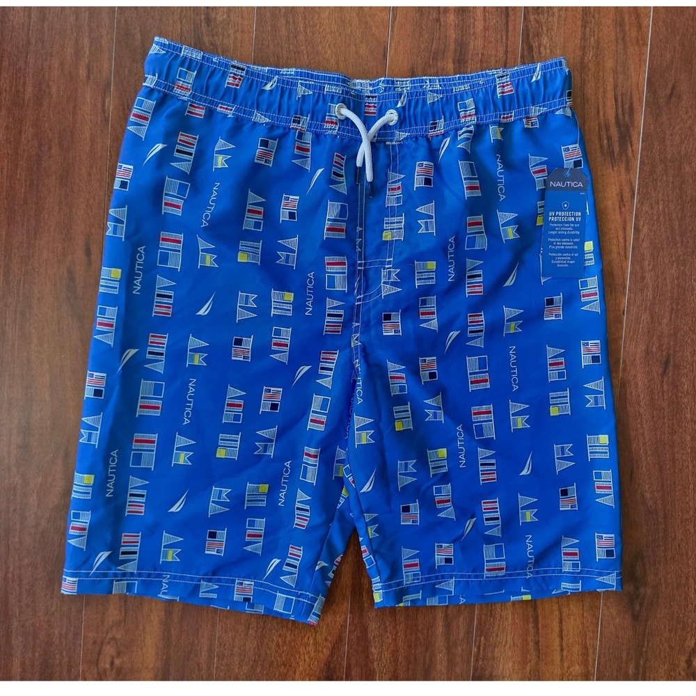 Nautica Boys Swim Trunks XL 18/20 Blue Nautical Flag Sailboat UV Protection NEW